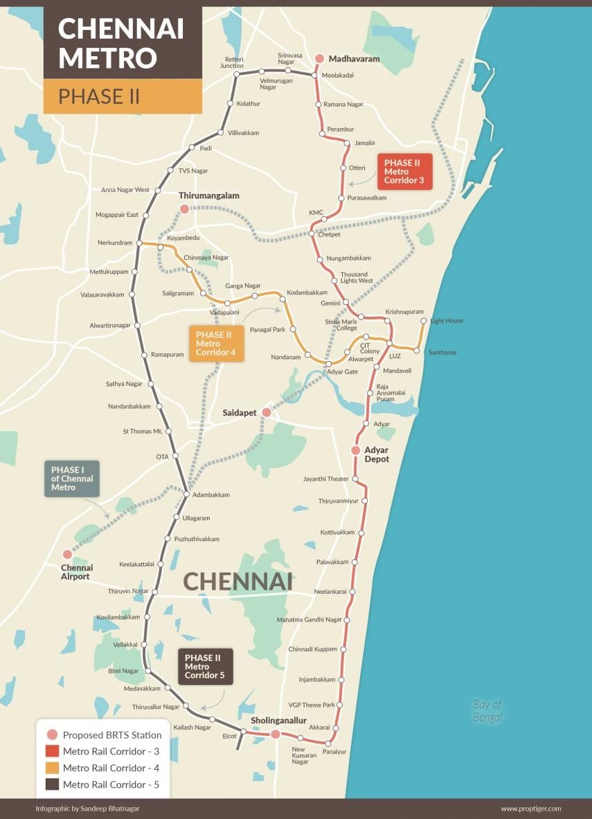 la metropolitana di Chennai mappa del percorso fase 2