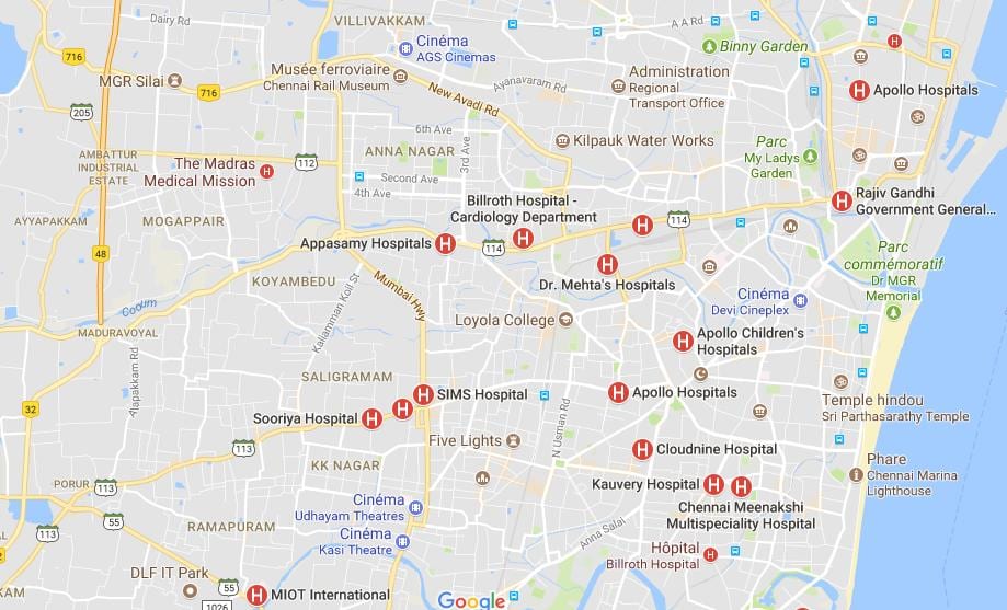 mappa di Chennai Ospedali